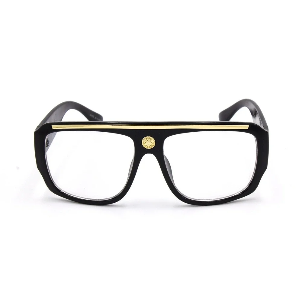 Mens Oversized Square Aviator Glasses Black Gold Flat Top Clear Lens Fashion NEW